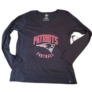 NWT Womens '47 Brand NE Patriots Football Long Sleeve Vneck Tee 100% Cotton - XL